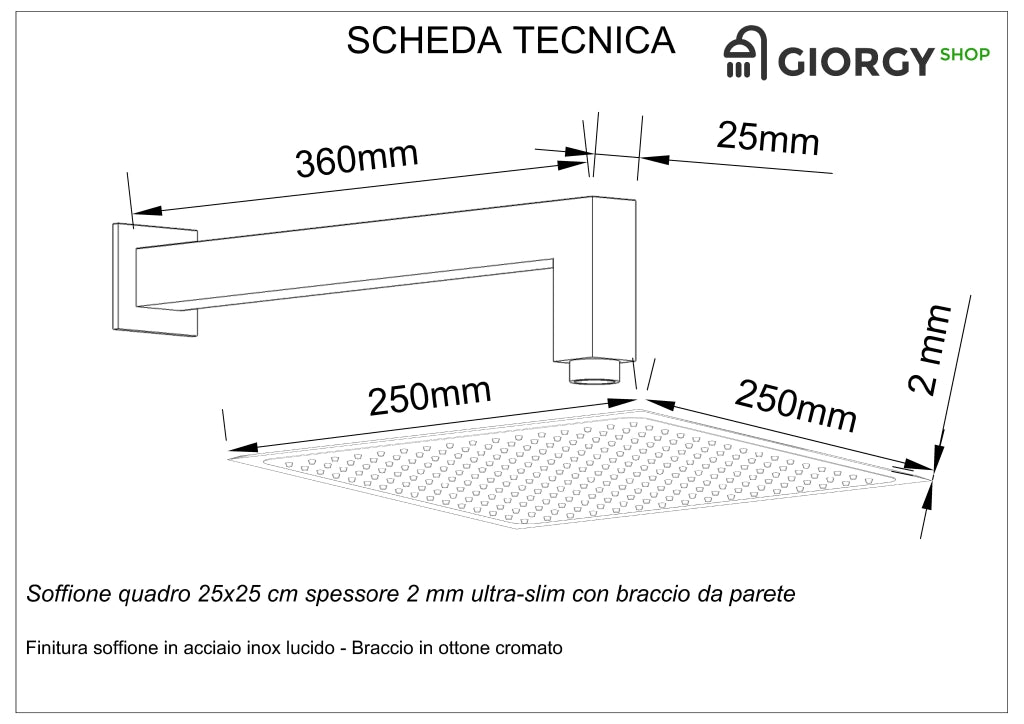 Kit Doccia 2 Vie Soffione Acciaio Inox  Slim 2 mm + Braccio Doccia + Presa Acqua + Flessibile + Doccino Soffione 25x25 cm con Braccio da Parete