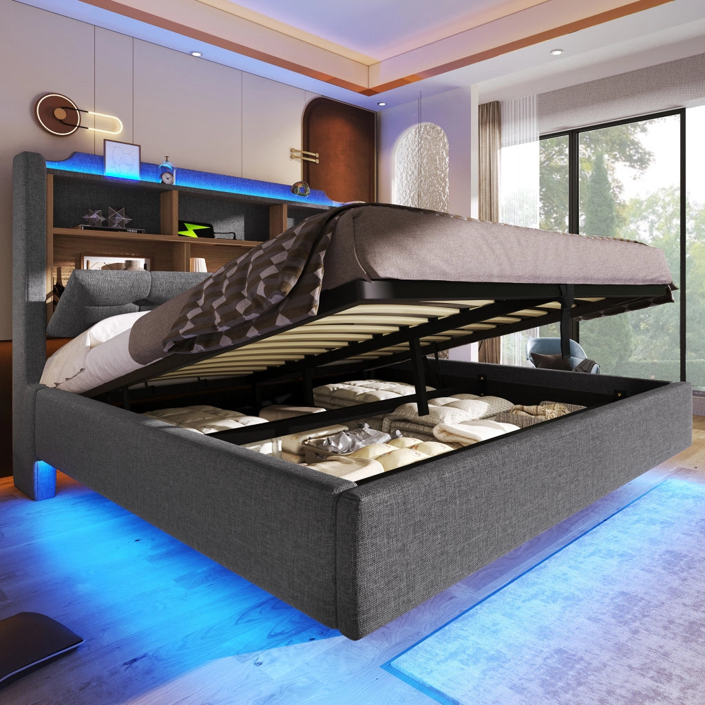 Letto imbottito idraulico con USB LED 140x200 cm colore grigio lino