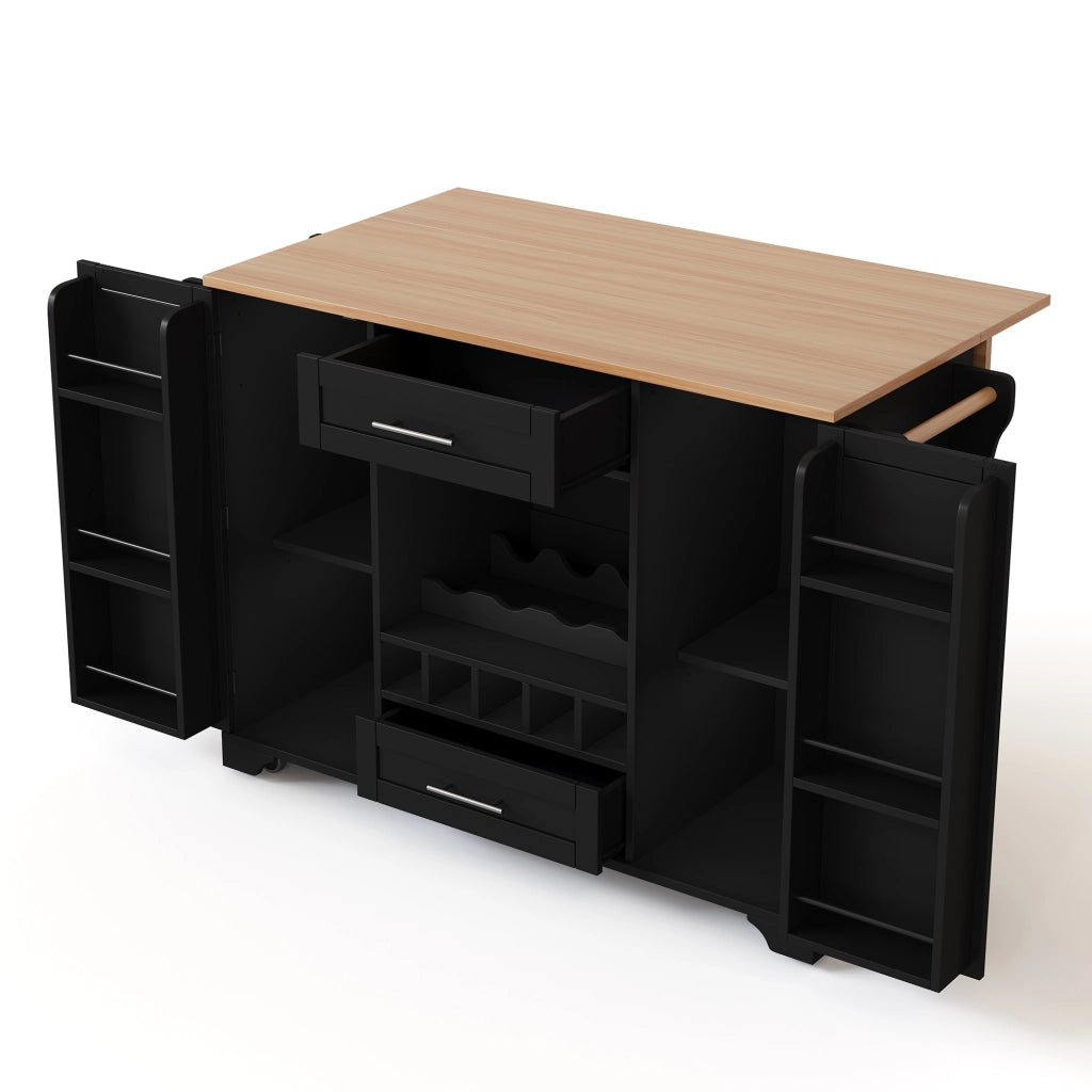 Carrello cucina con piano di lavoro ribaltabile, isola su ruote con portabottiglie, portabicchieri e porta spezie, nero