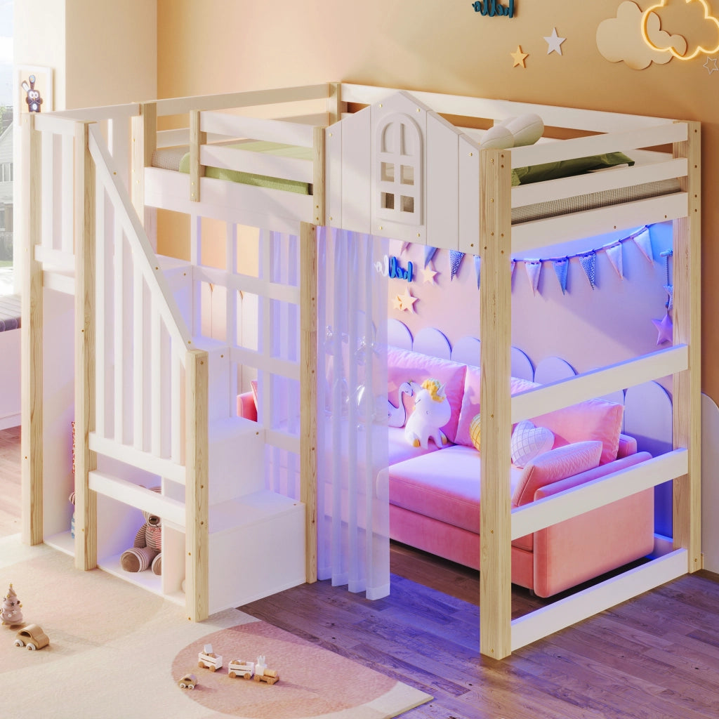 Letto a castello bianco e naturale in pino con luci LED 90x200 cm