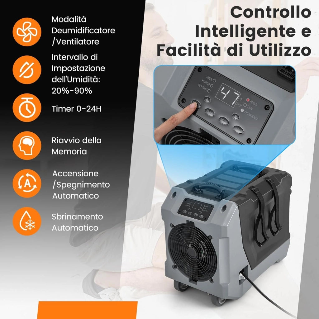 Deumidificatore Commerciale 85 L/Giorno, Deumidificatore con Pompa e Tubo di Scarico, Sbrinamento Automatico, 2 Ruote e Maniglia Pieghevole, Timer 24H, per Cantina Magazzino (Nero)