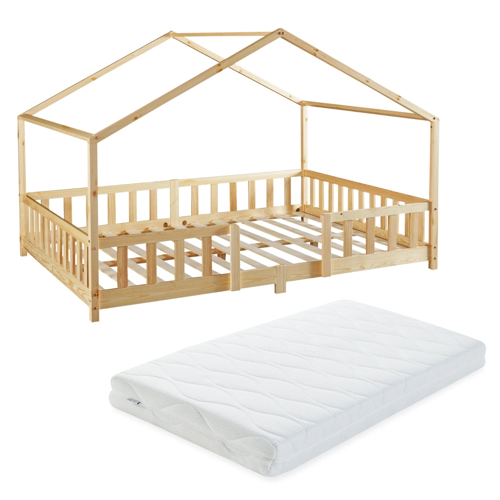Letto per Cameretta Treviolo a Forma di Casetta in Stile Montessori con Materasso 120x200 cm - Color Naturale [en.casa]