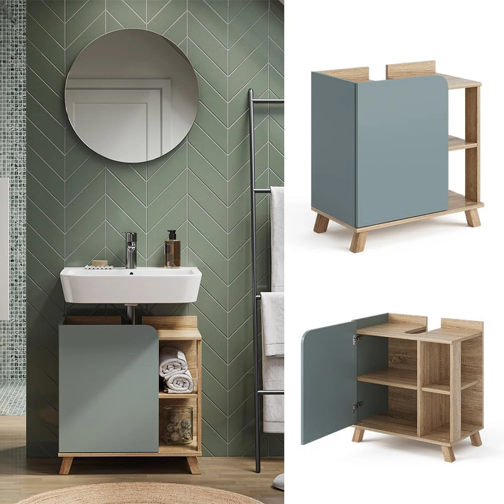 Mobiletto per lavabo Karen, Sonoma/blu, 60 x 65 cm con porta e vani aperti, con ritaglio per sifone per il montaggio sotto il lavabo