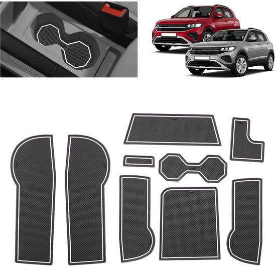 Materassini Antislip per VW T-Cross (2018-2025) | Mattoncini in gomma originale per console centrale, tazze e fenditure porte | Adatto per VW T-Cross Life Style R-Line Goal (bianco)