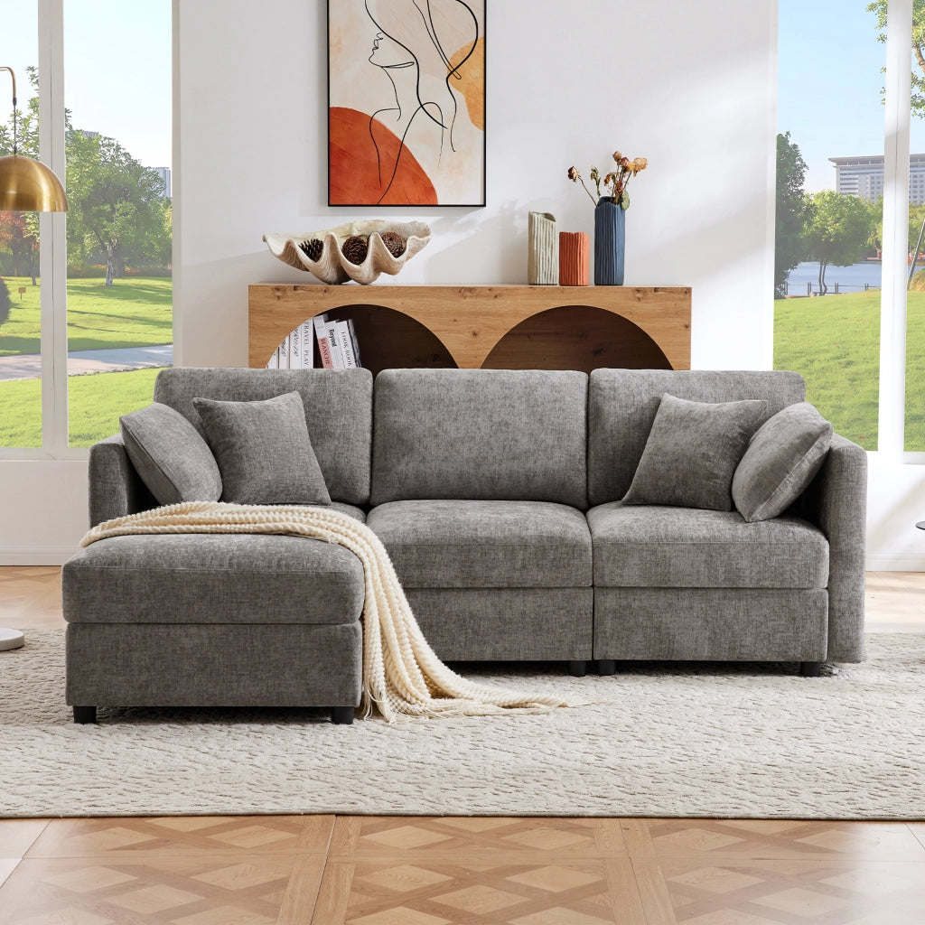 Divano angolare 3-4 posti con pouf e 4 cuscini, braccioli regolabili, in ciniglia, grigio