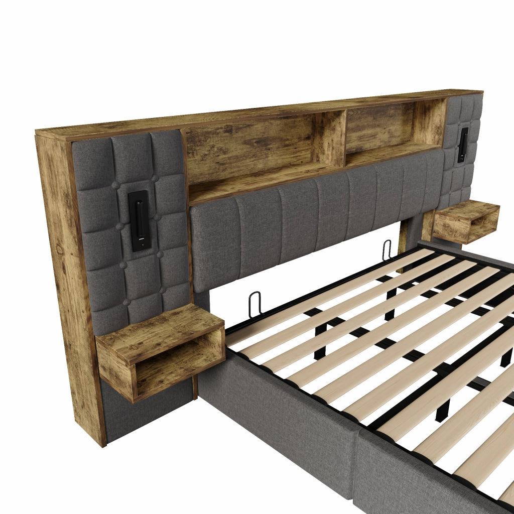 DESMIU Letto contenitore 180 × 200 cm 2 posti con LED, lampade da lettura, USB e Type-C, senza materasso, in lino, grigio