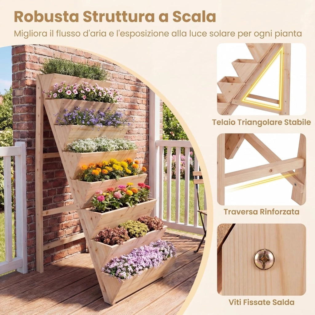 Fioriera Rialzata a 8 Livelli, Aiuola Verticale a Forma di V in Legno di Abete, Telaio Triangolare Indeformabile, Orto Rialzato da Esterno o Interno per Piante, Fiori, Verdure