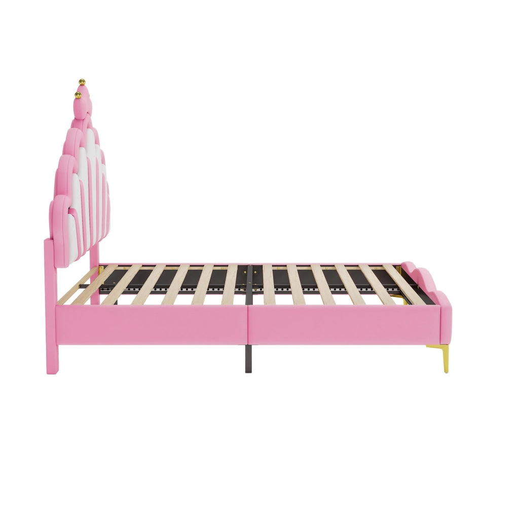 Letto matrimoniale 140x200 cm con luci LED; testiera a nuvola; similpelle PU; rosa