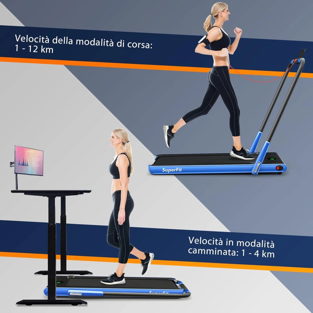Tapis Roulant 2 in 1, Tapis Roulant Elettrico Pieghevole Salvaspazio da 0,75HP con App e Telecomando, Supporto per Cellulare, Display a LED e Altoparlante (Blu)