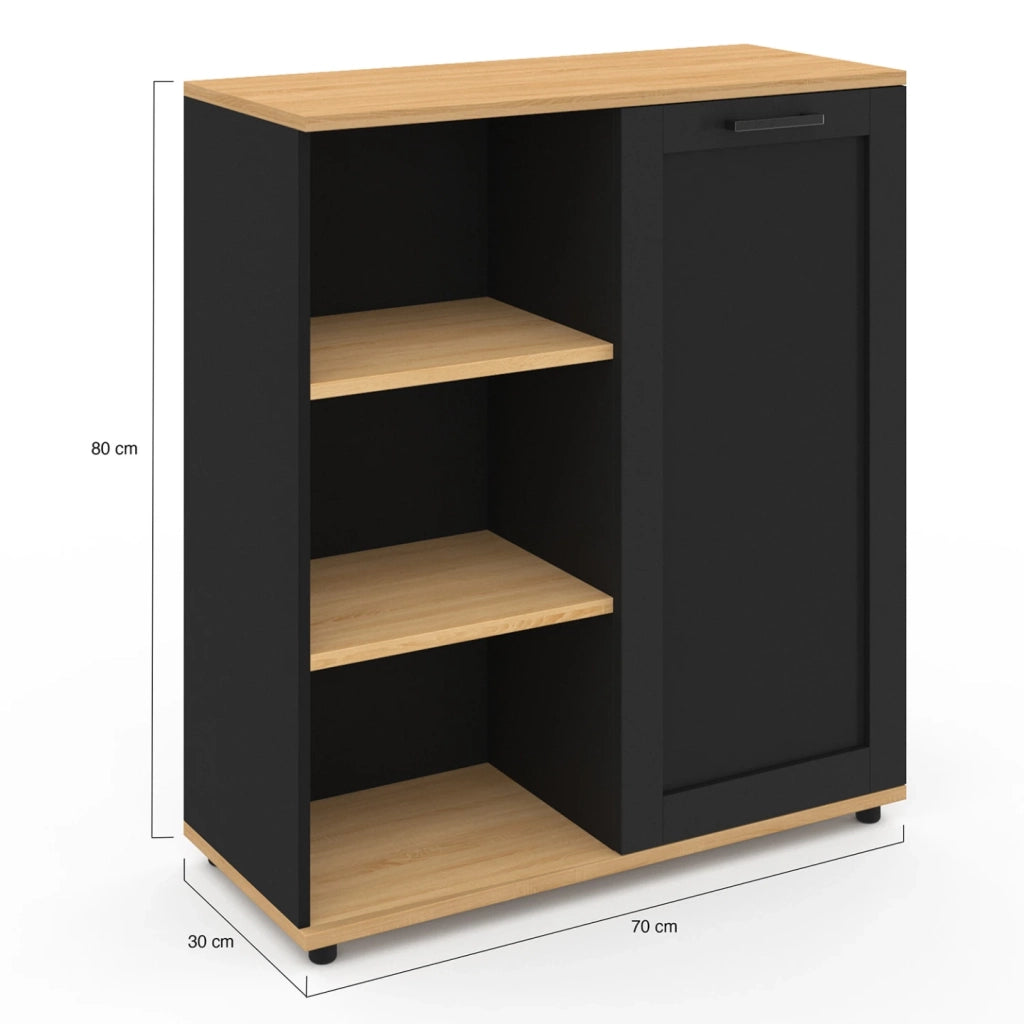 IDMarket - Aparador VITO de 3 estantes con armario negro y tapa de madera de 70 cm