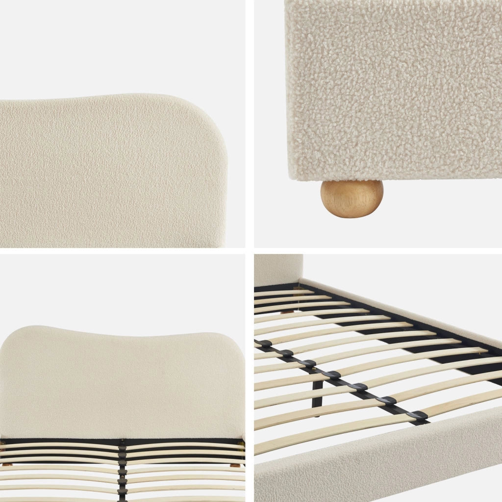 Letto con rete a doghe e testiera, bianco con finitura bouclé, bianco