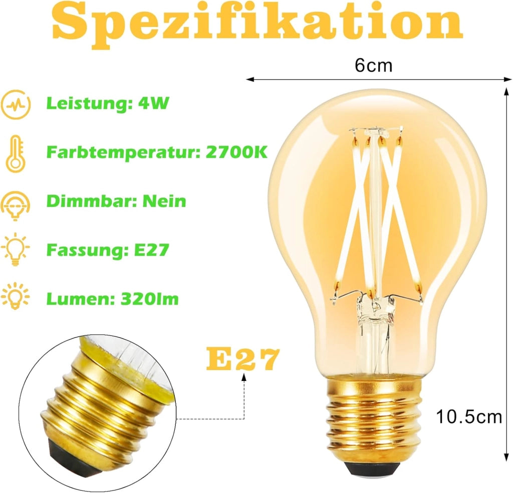 ZMH Confezione da 6 lampadine LED E27 A60 4W 2700K filamento Edison vetro trasparente bianco caldo stile retrò