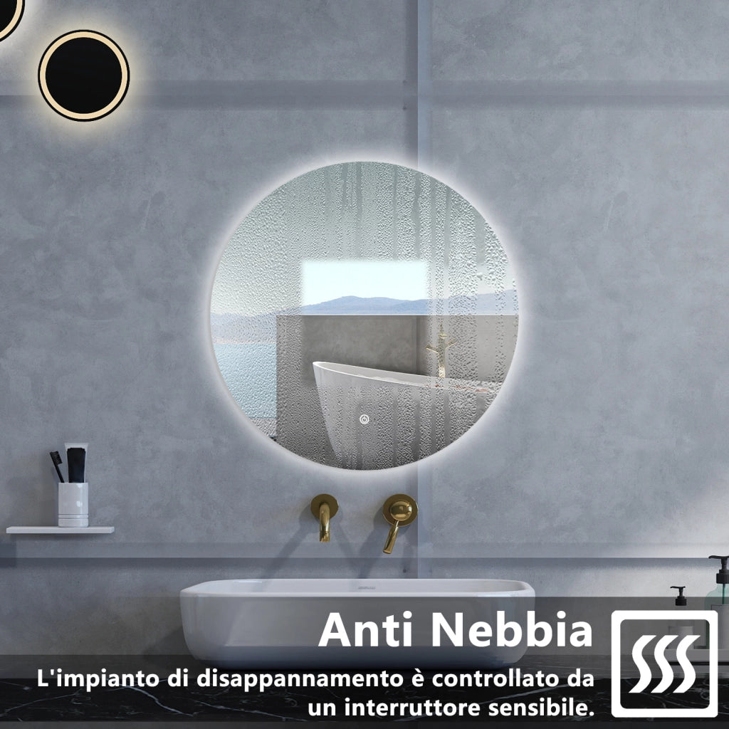 Specchio da bagno Rotondo con 90cm,Memoria, Antifog,Regorabile,Retroilluminato,doppio interruttore,