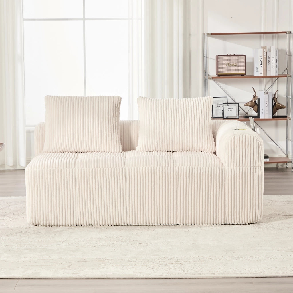 Divano diritto in corduroy con tasche laterali e portabicchieri, seduta compatta e stabile beige 158 × 93 × 61 cm