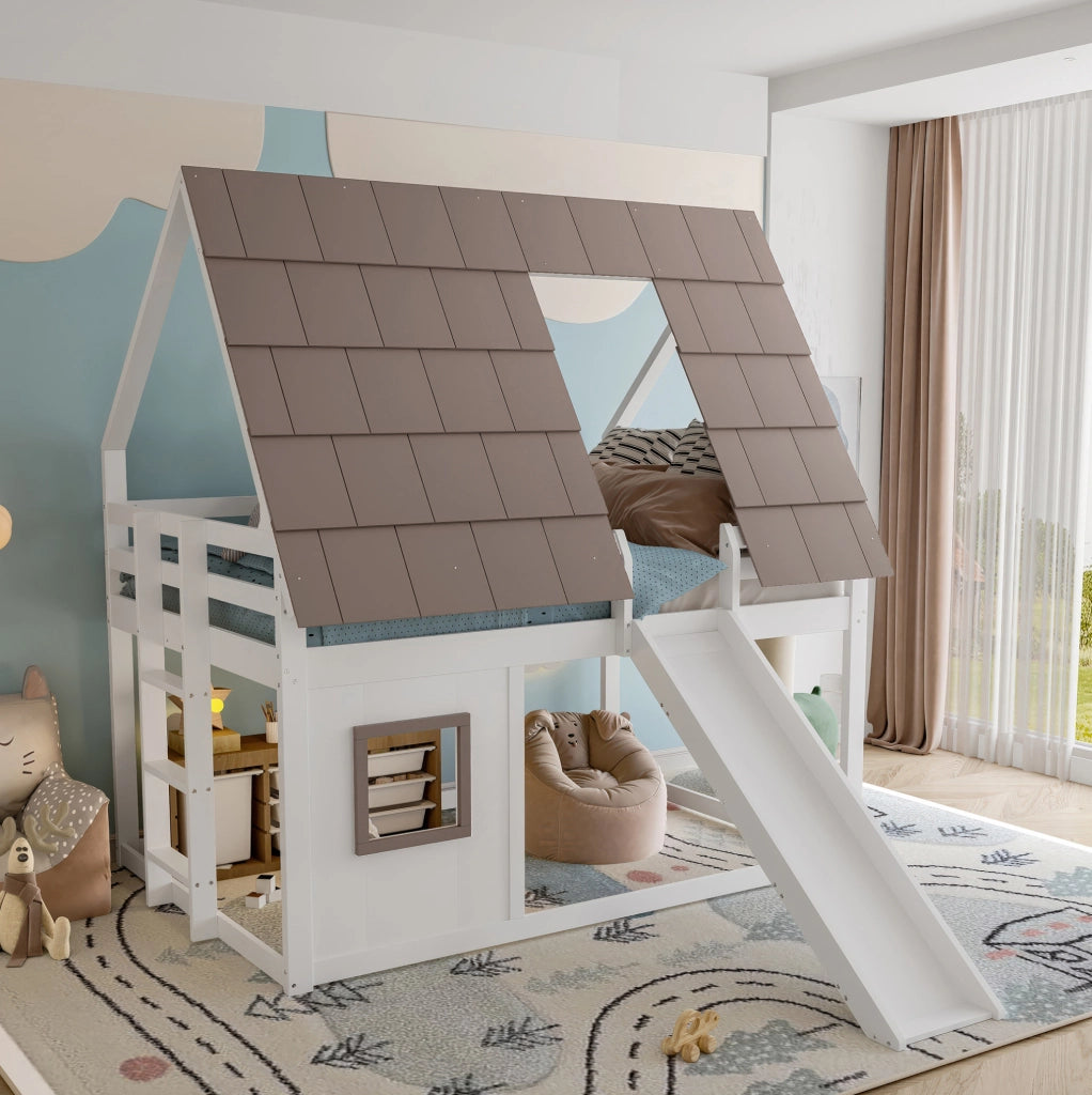 Letto a castello in legno a forma di casetta 140x200 cm con scivolo, scala, bianco e marrone