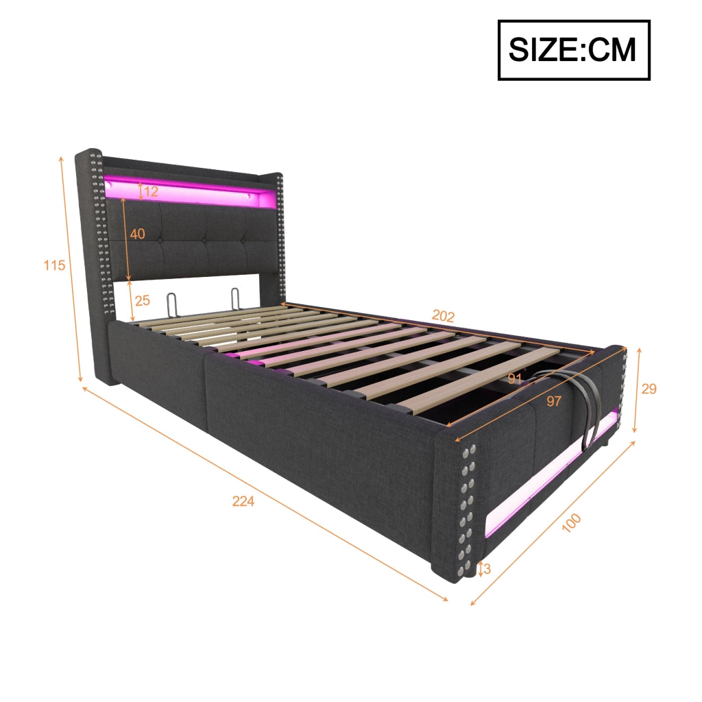 DESMIU Letto per bambini 90 × 200 cm con LED, USB, vano contenitore e idraulico, senza materasso, lino grigio