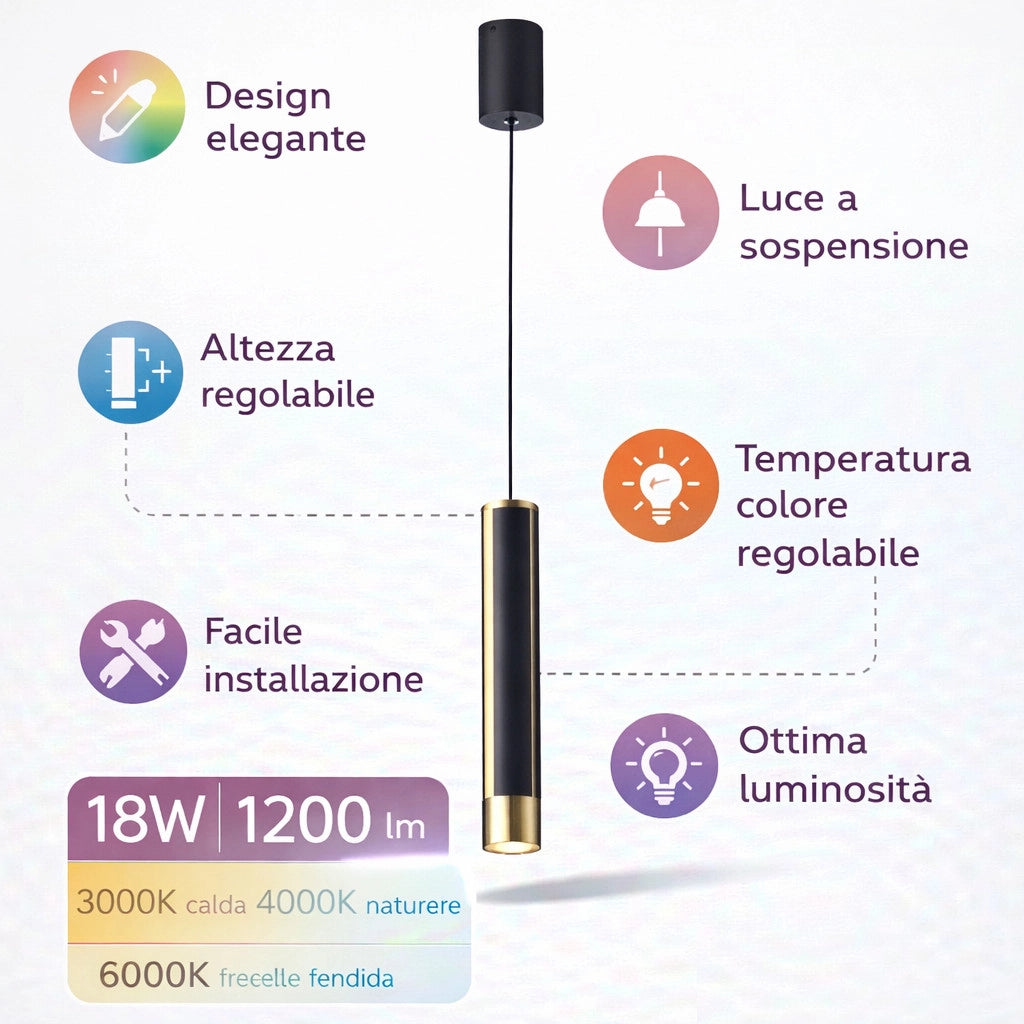LAMPADA SOSPENSIONE LED 18W REGOLABILE 3 COLORI 3000K 4000K 6000K 1200LM LP004