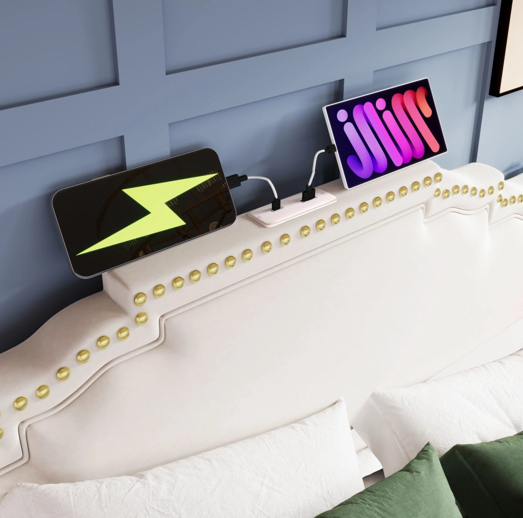 Letto matrimoniale 140x200 beige in velluto con materasso, LED, USB-C e 4 cassetti