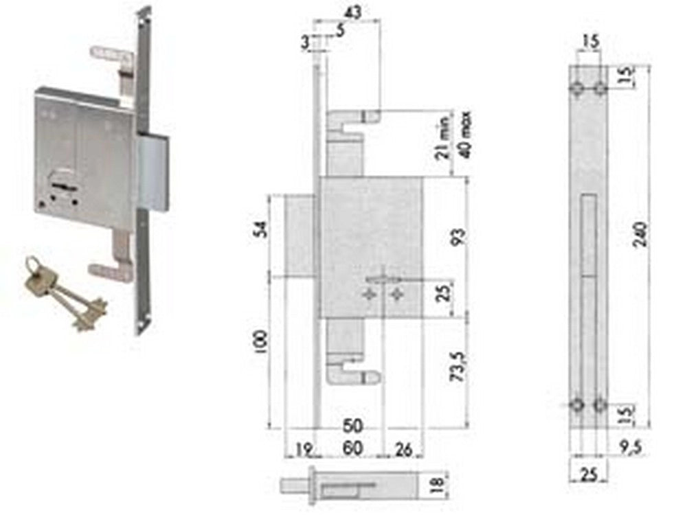 1pz serratura triplice da infilare doppia mappa 57226 - mm.50 (57226500) cod:ferx.fer201049