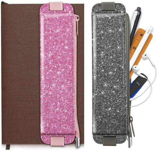 Set da protezione 2 pezzi, con materiale PU e cinturino elastico, tasca con chiusura a zip per agenda, quaderno, materiali scolastici, tablet, con colori glitter rosso e grigio.