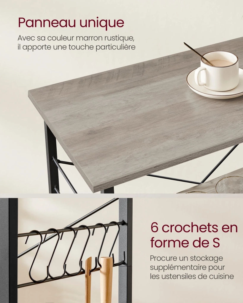 Carrello da cucina carrello da portata carrello a 3 ripiani per microonde mini forno tostapane struttura in metallo 40 x 80 x 89 cm con 6 ganci stile industriale marrone rustico 12_0005679