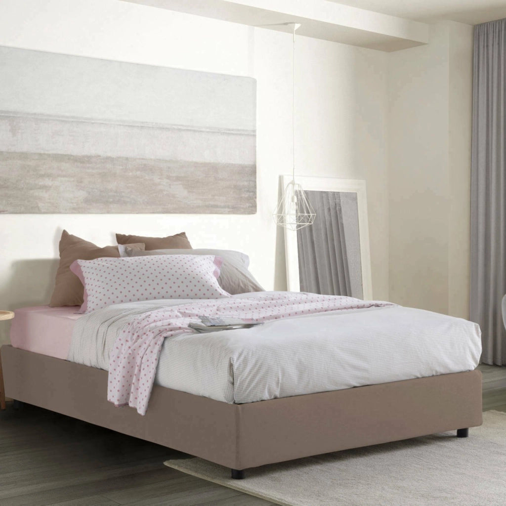 Letto matrimoniale Arto, Letto contenitore con rivestimento in tessuto, Made in Italy, Apertura frontale, con materasso cm 140x190 incluso, Tortora