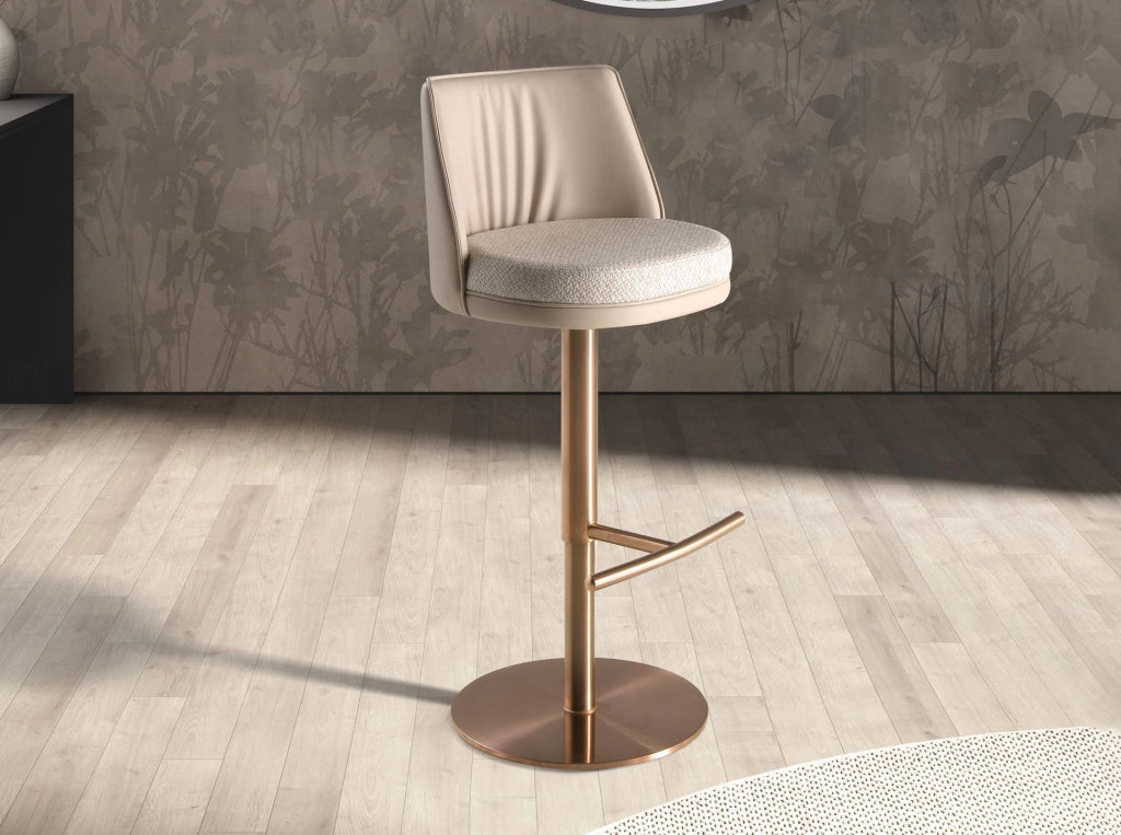 Sgabello girevole in tessuto crema screziato e similpelle crema