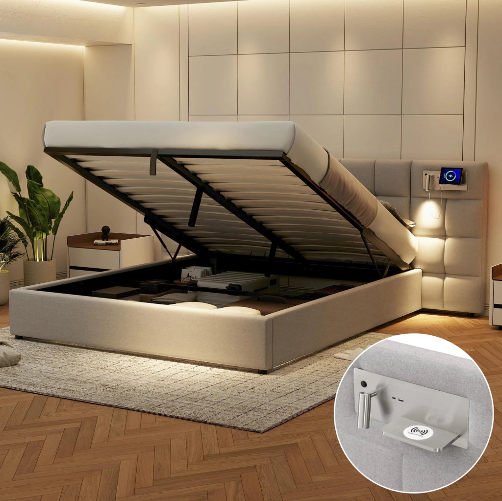 Letto imbottito 180x200 cm con USB; ricarica wireless; luce e contenitore; grigio