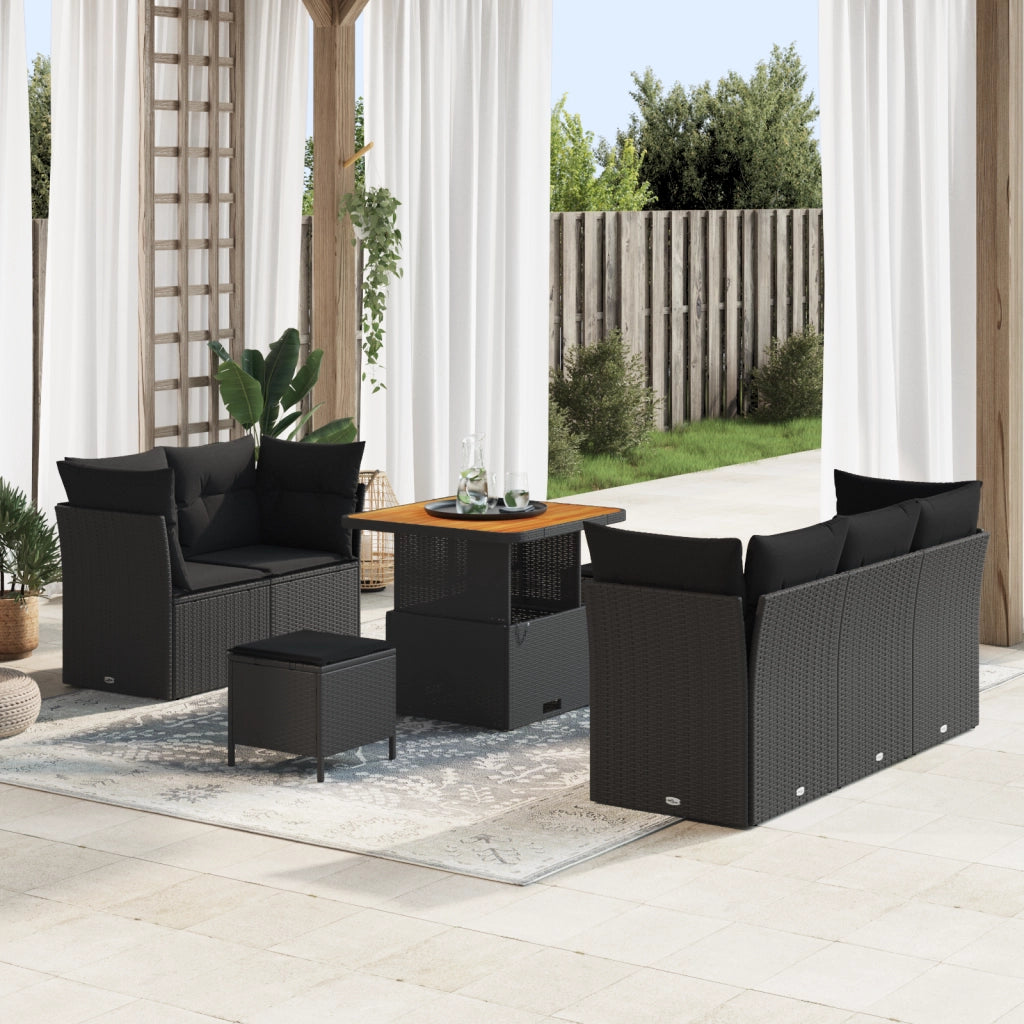 Set Divano da Giardino 8 Pezzi con Cuscini Nero Polyrattan Acacia