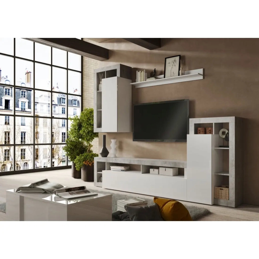 Set di mobili per soggiorno, collezione BURA, lunghezza 280cm. Colori in cemento e bianco lucido laccato.
