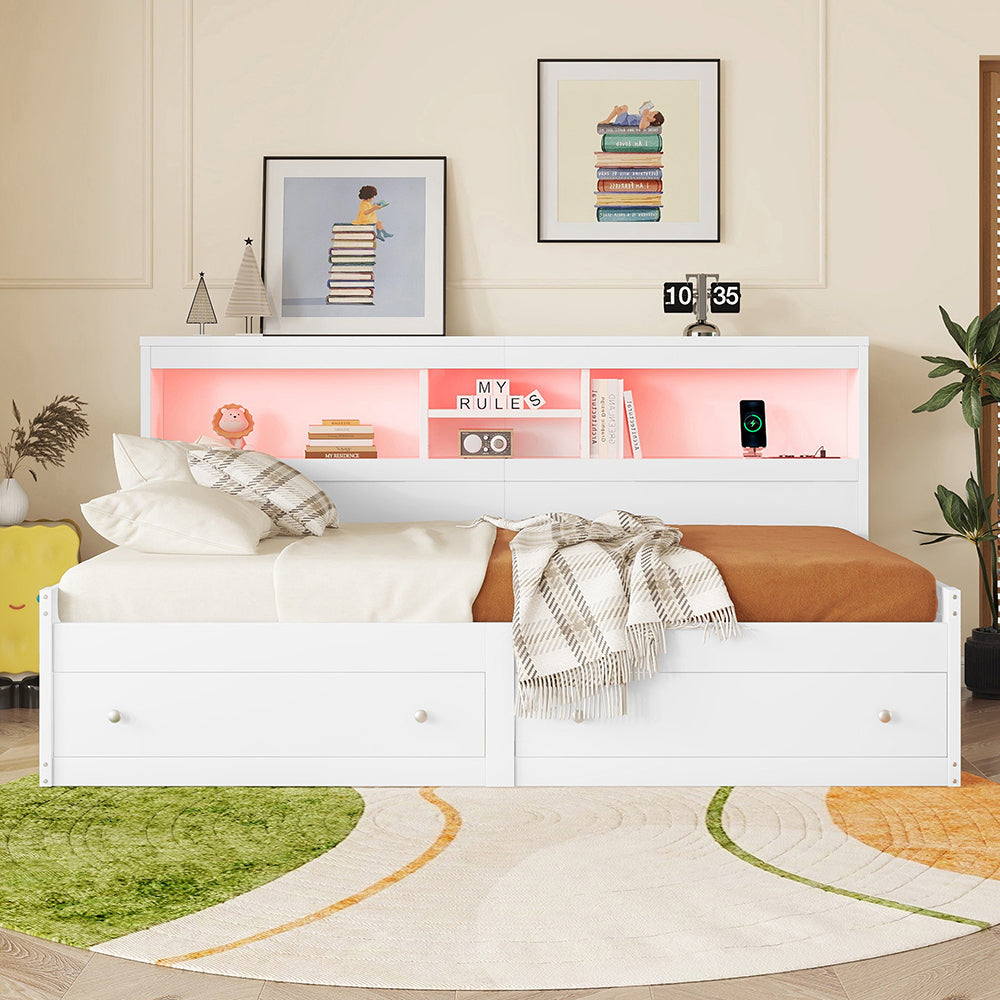 Letto a giorno Xylo - 90x200 cm - Bianco - 2 porte USB, 2 porte di ricarica, 2 cassetti