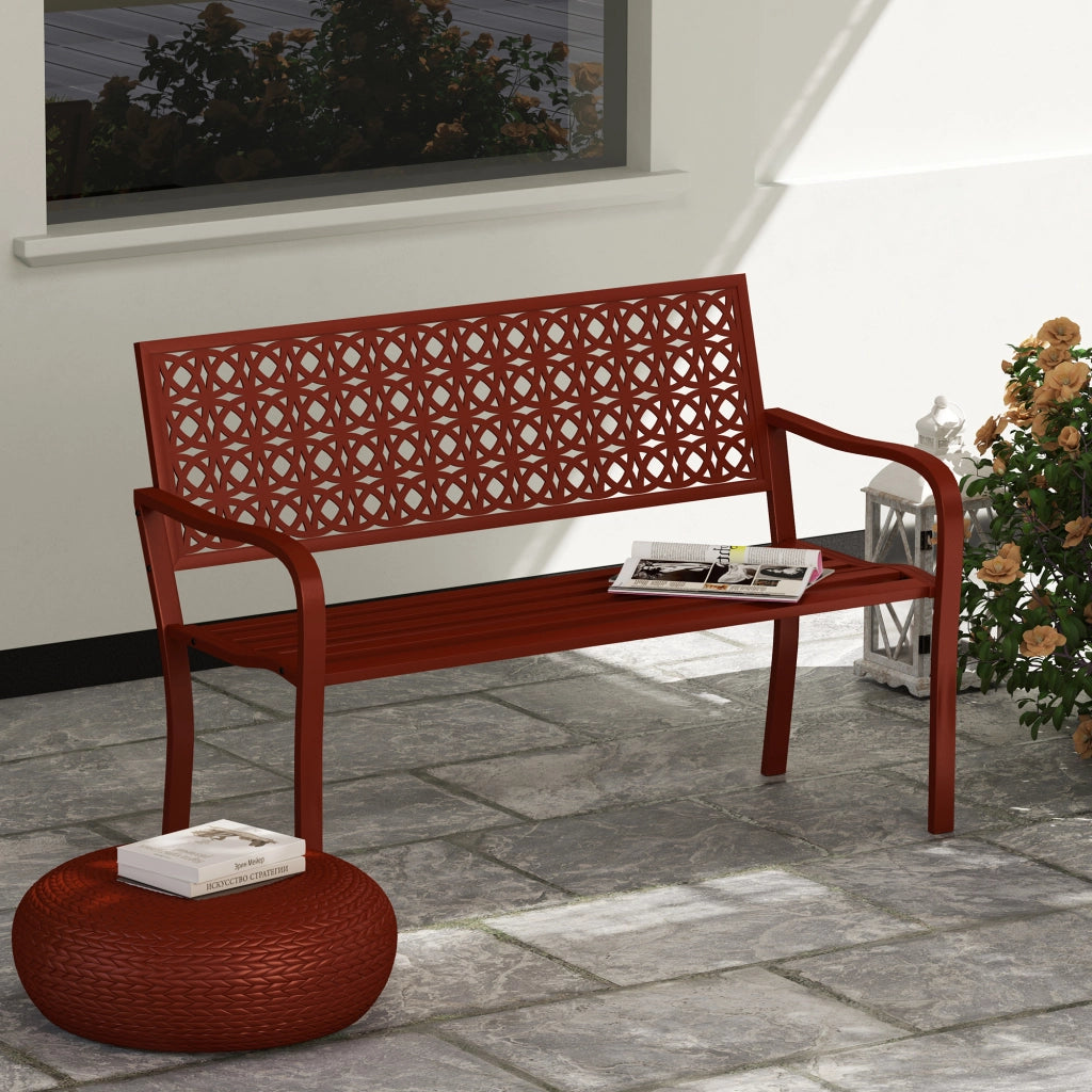 Panchina da giardino a 2 posti in acciaio, resistente alle intemperie, con schienale e braccioli, rossa