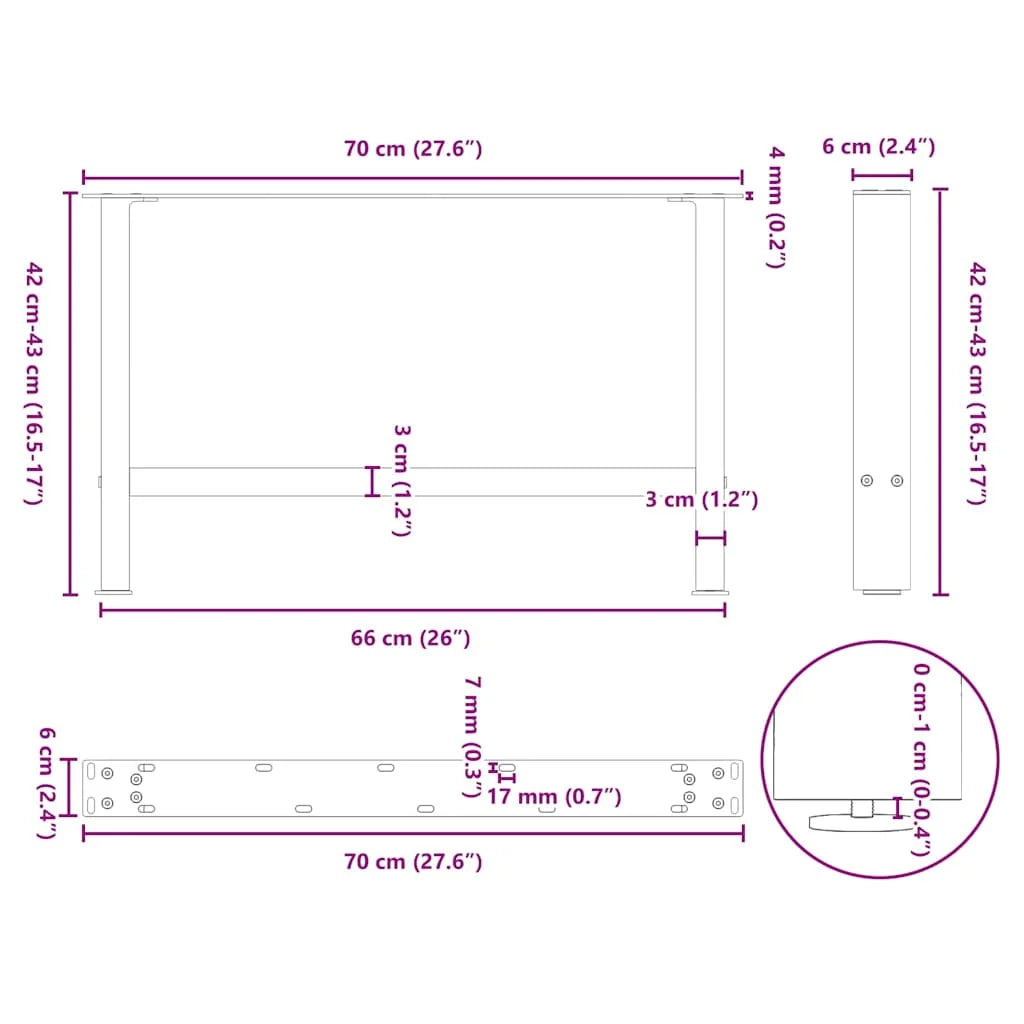 Set di 2 gambe per tavolino da caffè quadrate regolabili dal design moderno 70 x 42 cm in acciaio nero 02_0057528