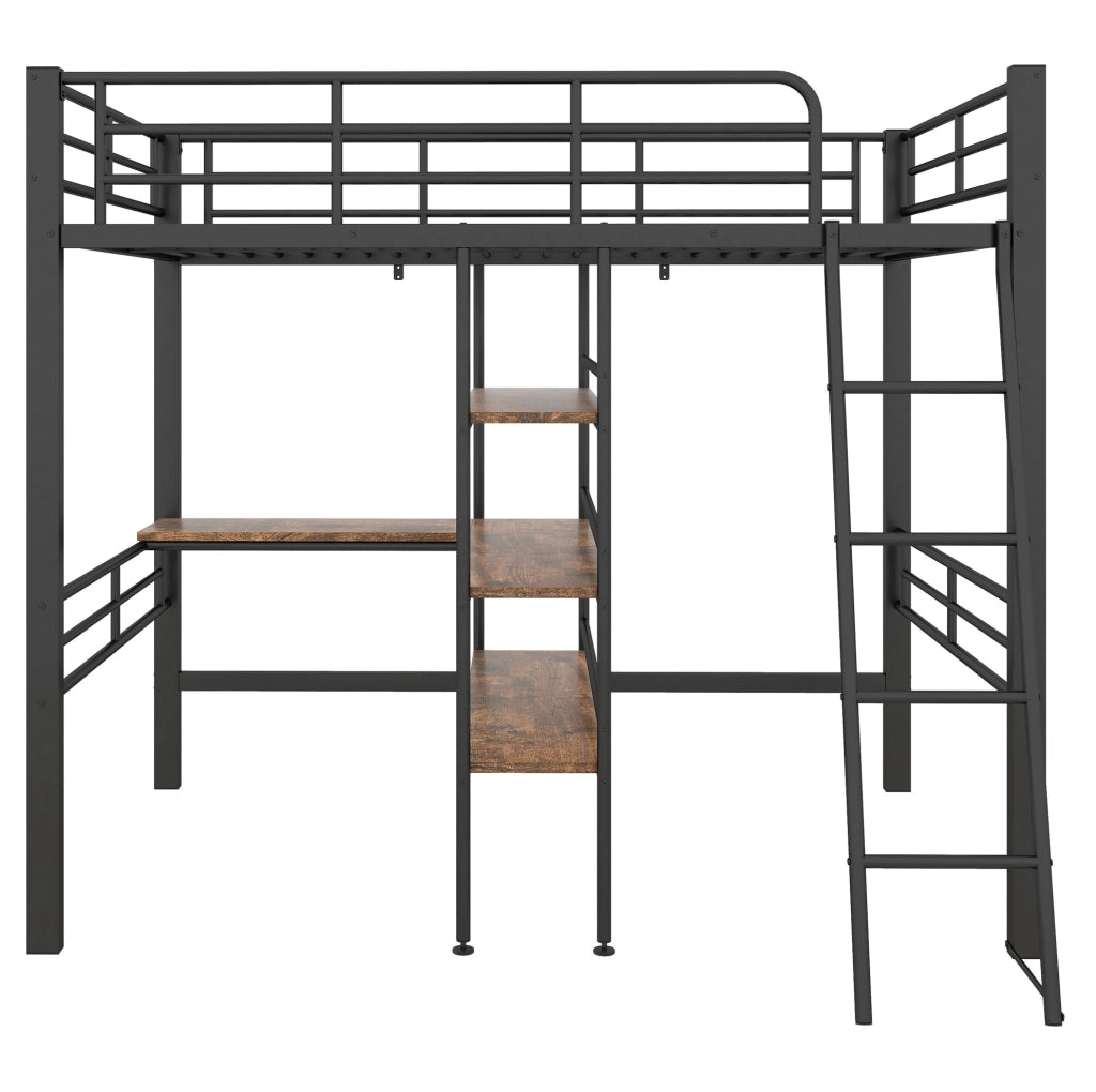 Letto a soppalco 90x200 cm nero – con scrivania e ripiani, senza materasso