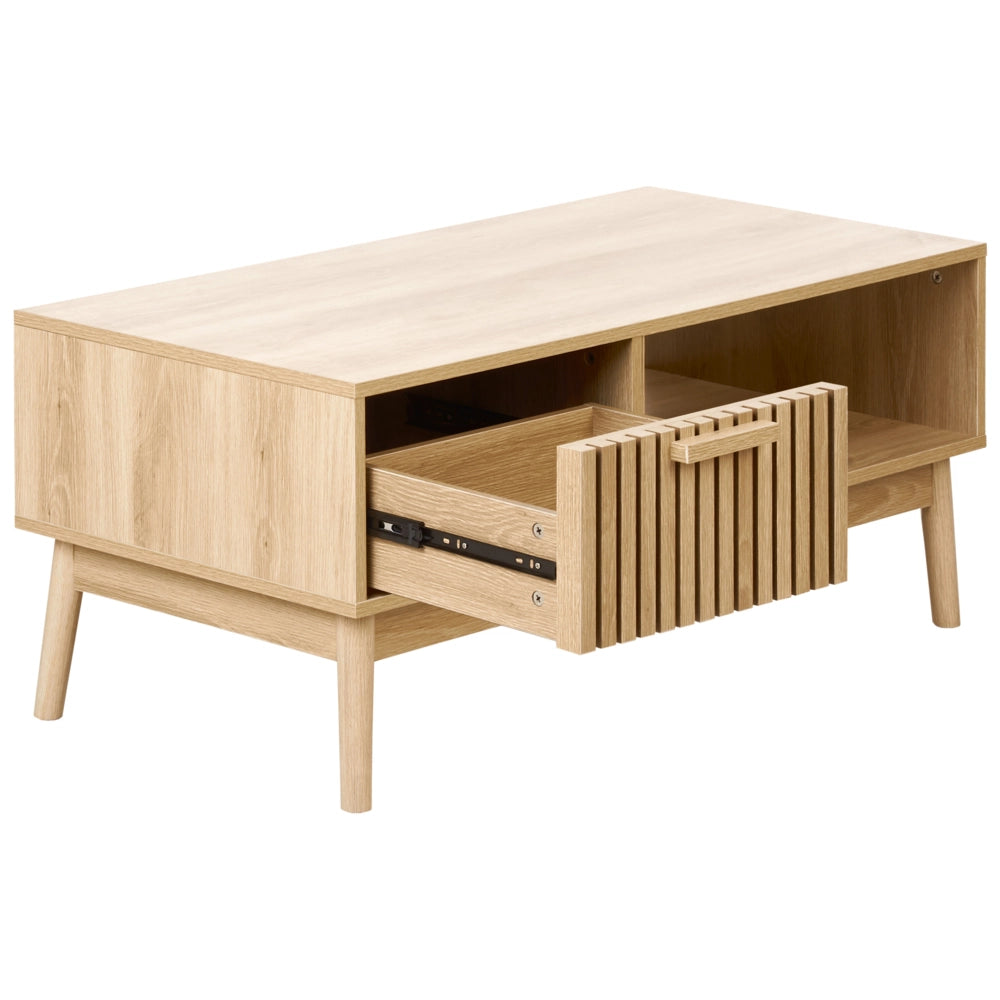 Tavolino da caffè in legno chiaro MDF gambe in legno stile scandinavo cassetto scaffale stoccaggio soggiorno