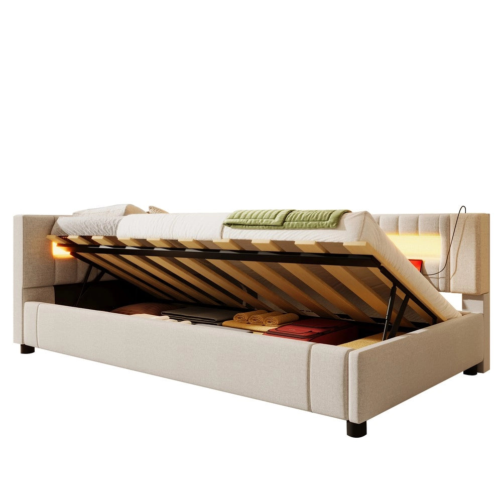 Letto Diurno Imbottito con LED e Contenitore ¨C Xylo ¨C Lino Beige 90x200