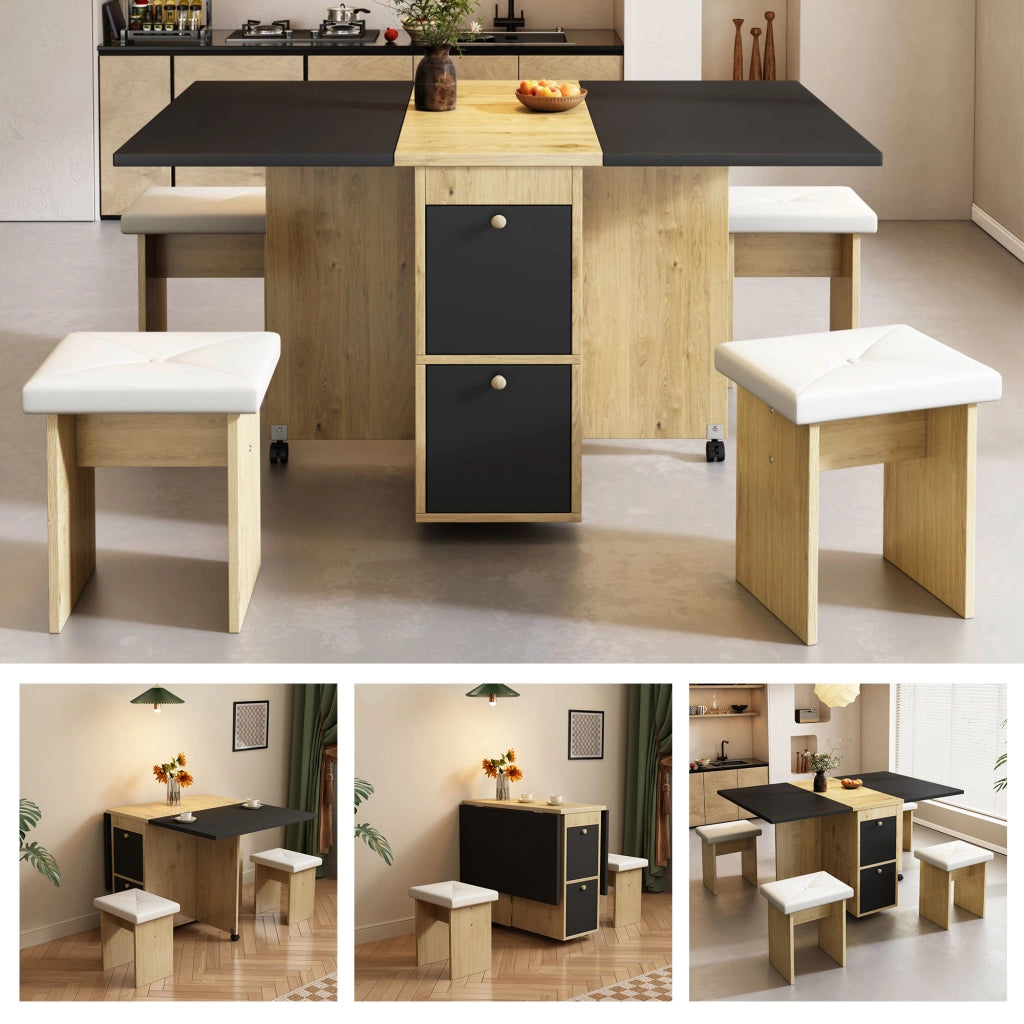 OKWISH Set Tavolo e 4 Sedie da Pranzo, Tavolo Pieghevole e Richiudibile Multifunzionale, Pannello Truciolare Bianco Nero