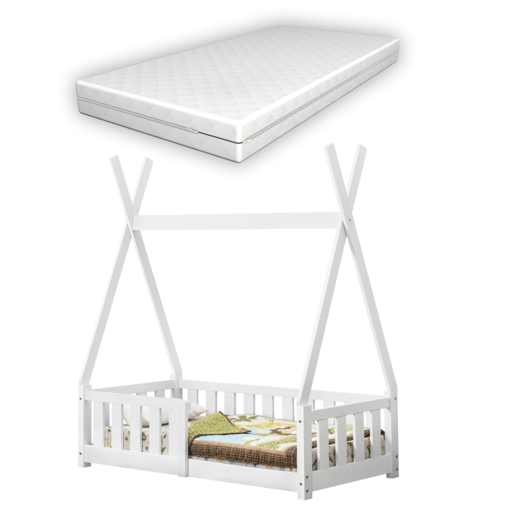 Letto a Capanna Helsingborg con Sponde e Materasso 70 x 140 cm Bianco [en.casa]