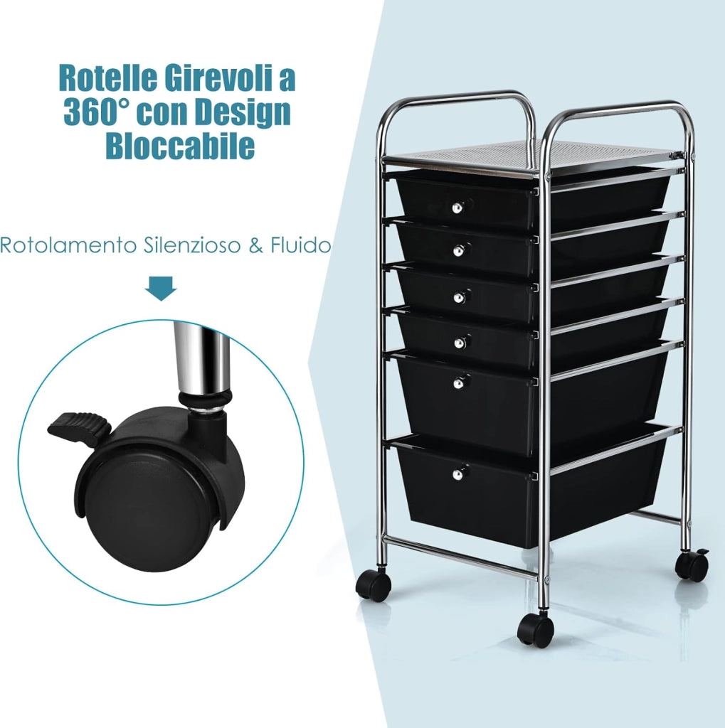 Carrello con 6 Cassetti e Ruote, Cassettiera in Plastica, con Due Dimensioni di Cassetti, Contenitore Multiuso per Casa Bagno e Ufficio, 37 x 74 x 32cm (Nero)