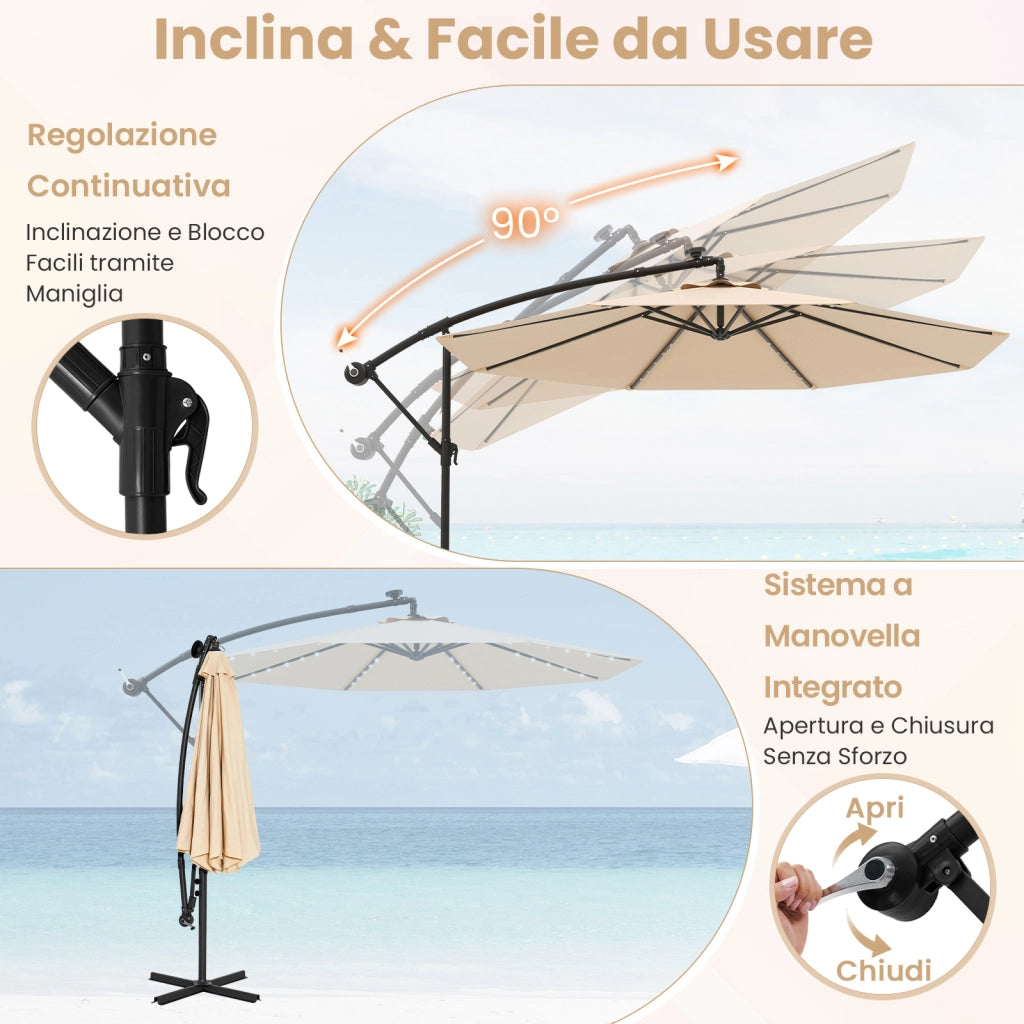 Ombrellone da 300 cm con supporto e luci LED, ombrellone a braccio con manovella, ombrellone da giardino, protezione UV, ombrellone da mercato, ombrellone da patio per giardino, piscina, terrazzo, beige