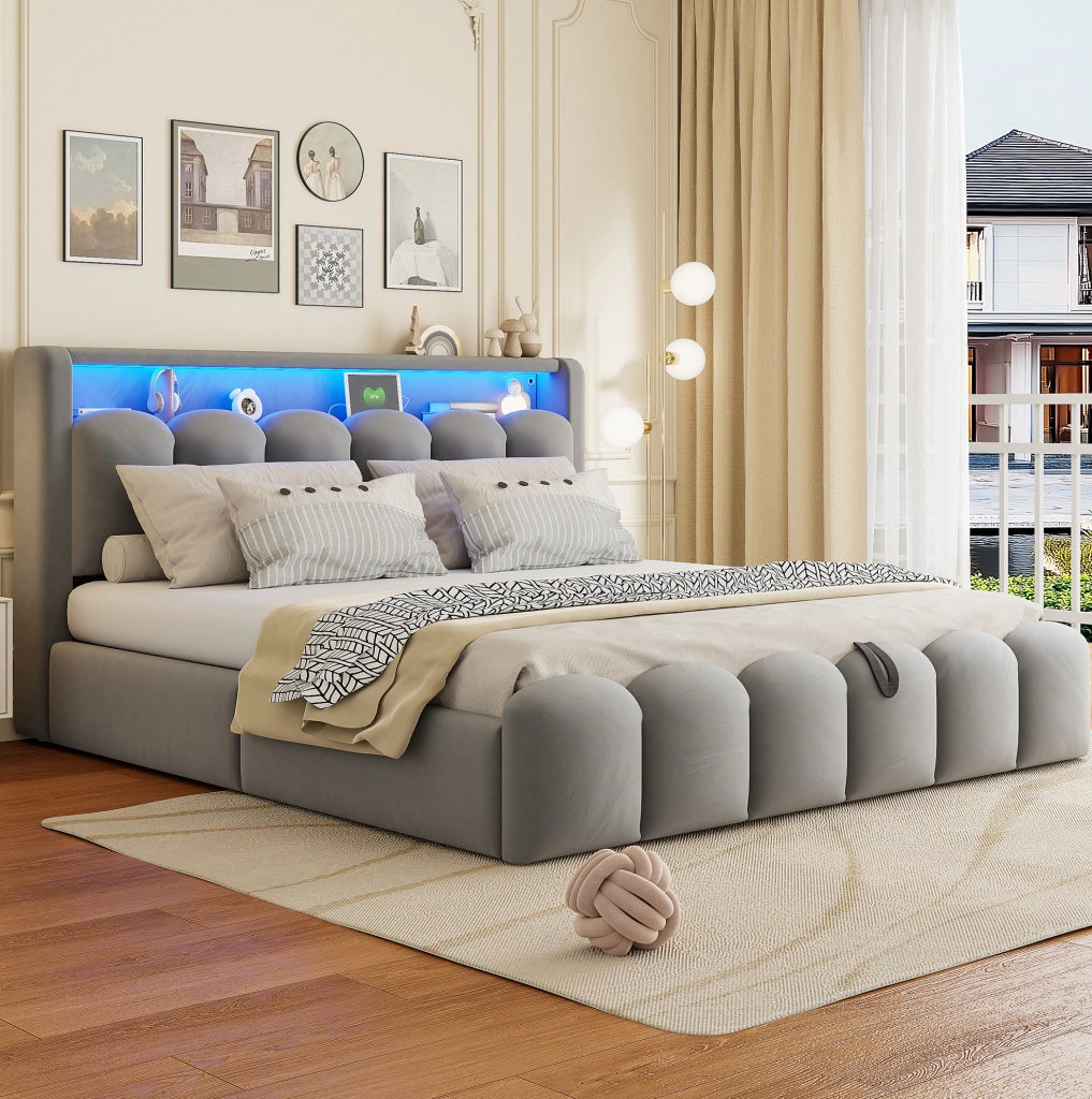 Letto matrimoniale imbottito 180x200 cm con LED e contenitore
