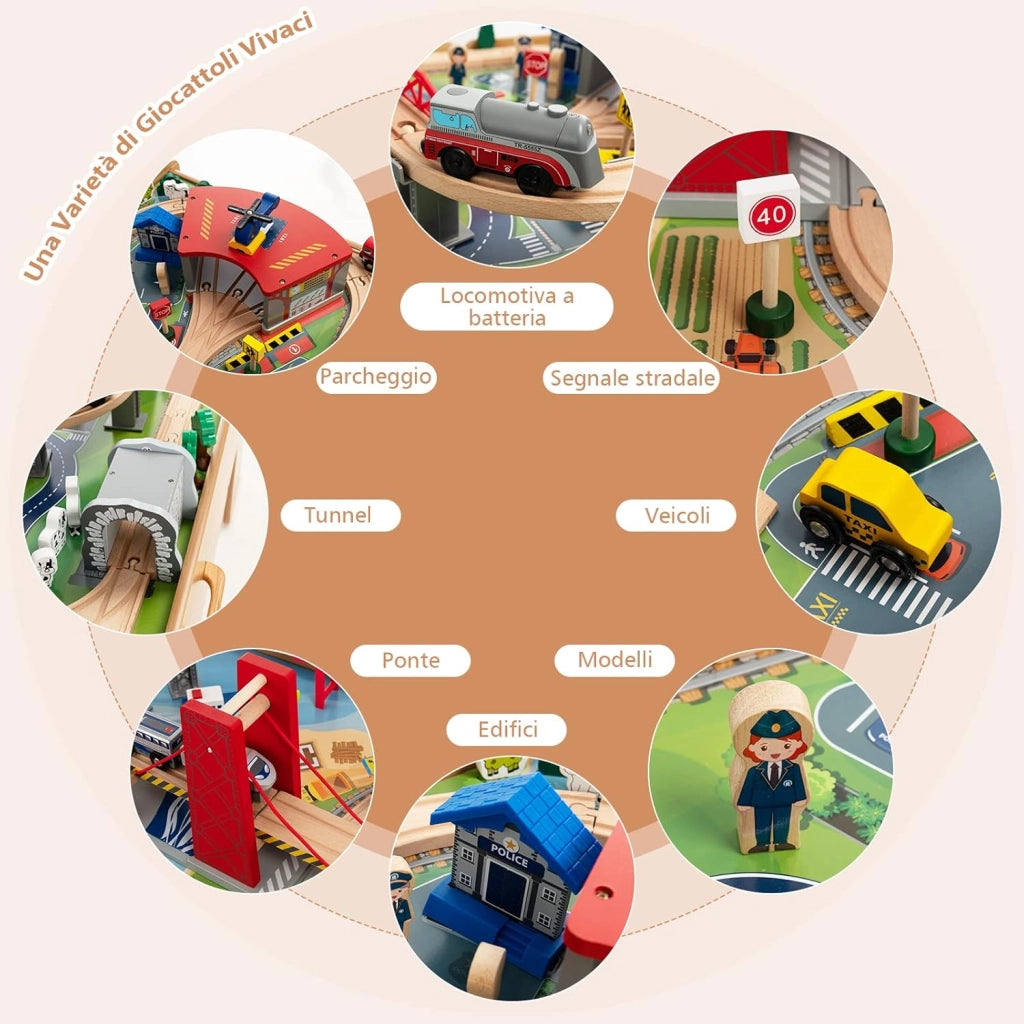 Tavolo e Set Treno Giocattolo in Legno, Set da Gioco Creativo Treni e Binari per Bambini con 100 Pezzi, Trenino per Bambini Anni 3+