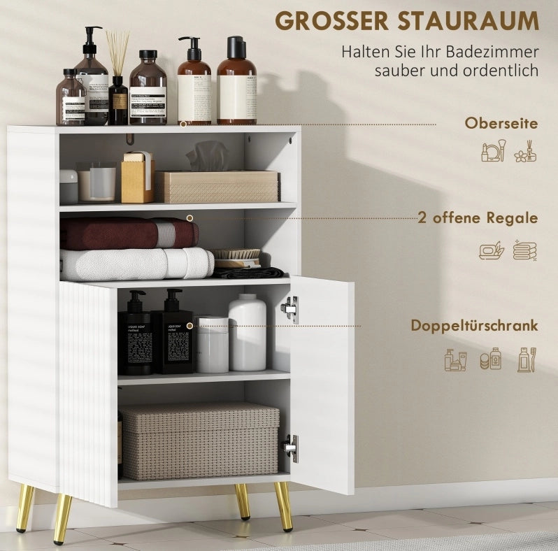 Mobile bagno in MDF bianco con ante soft-close e 2 ripiani aperti, gambe coniche dorate