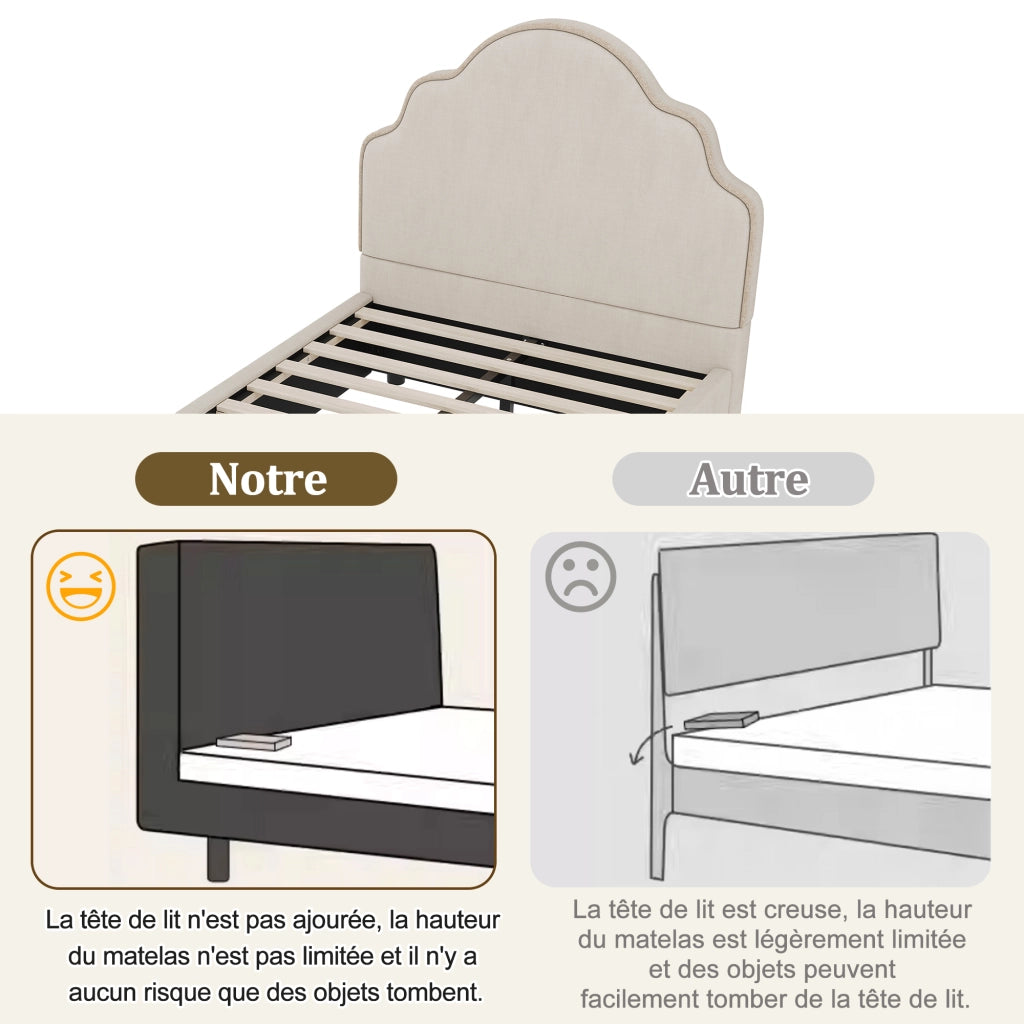 Letto singolo 90 × 200 cm con testiera imbottita a nuvola in lino beige e rete a doghe inclusa