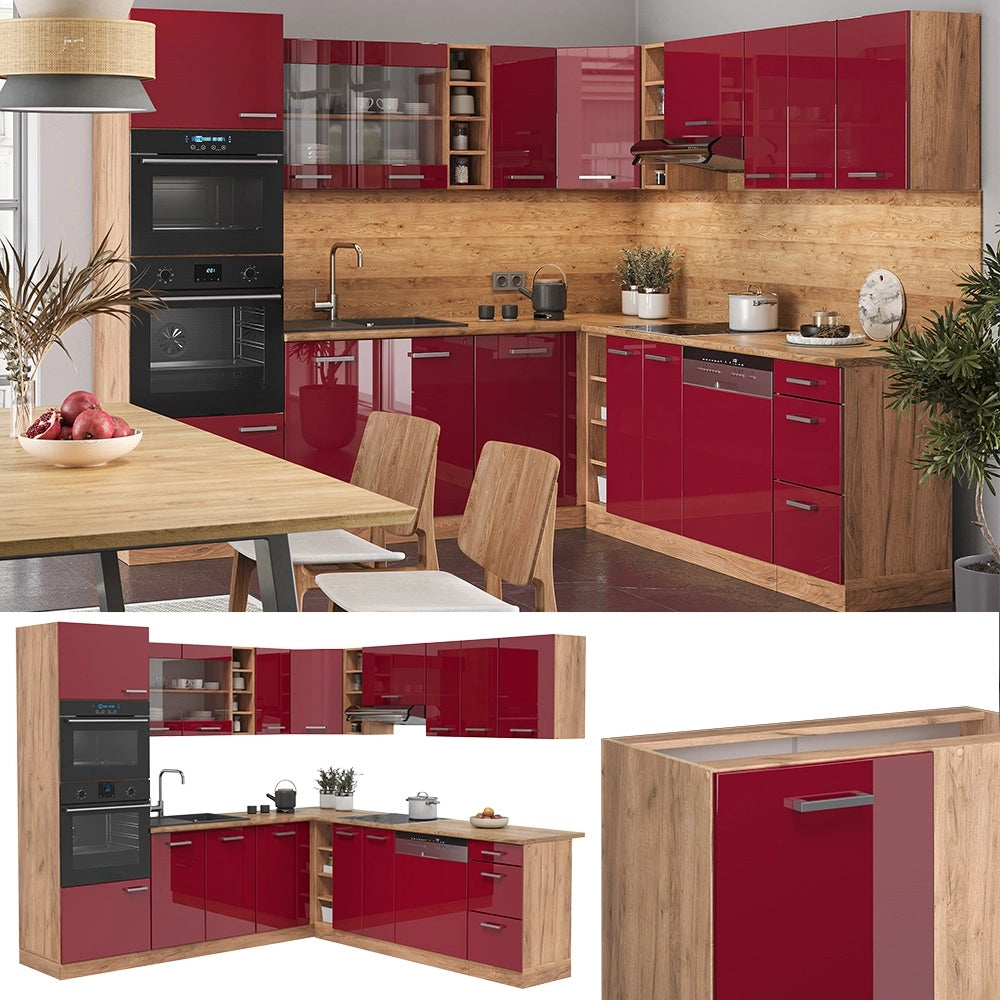 Cucina angolare completa R-Line Rosso lucido/Rovere dorato 247 x 237 cm, PL Marmo Vicco