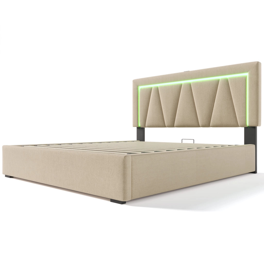 Letti contenitori 160x200 cm con LED e USB; lino beige; contenitore (Senza materasso)