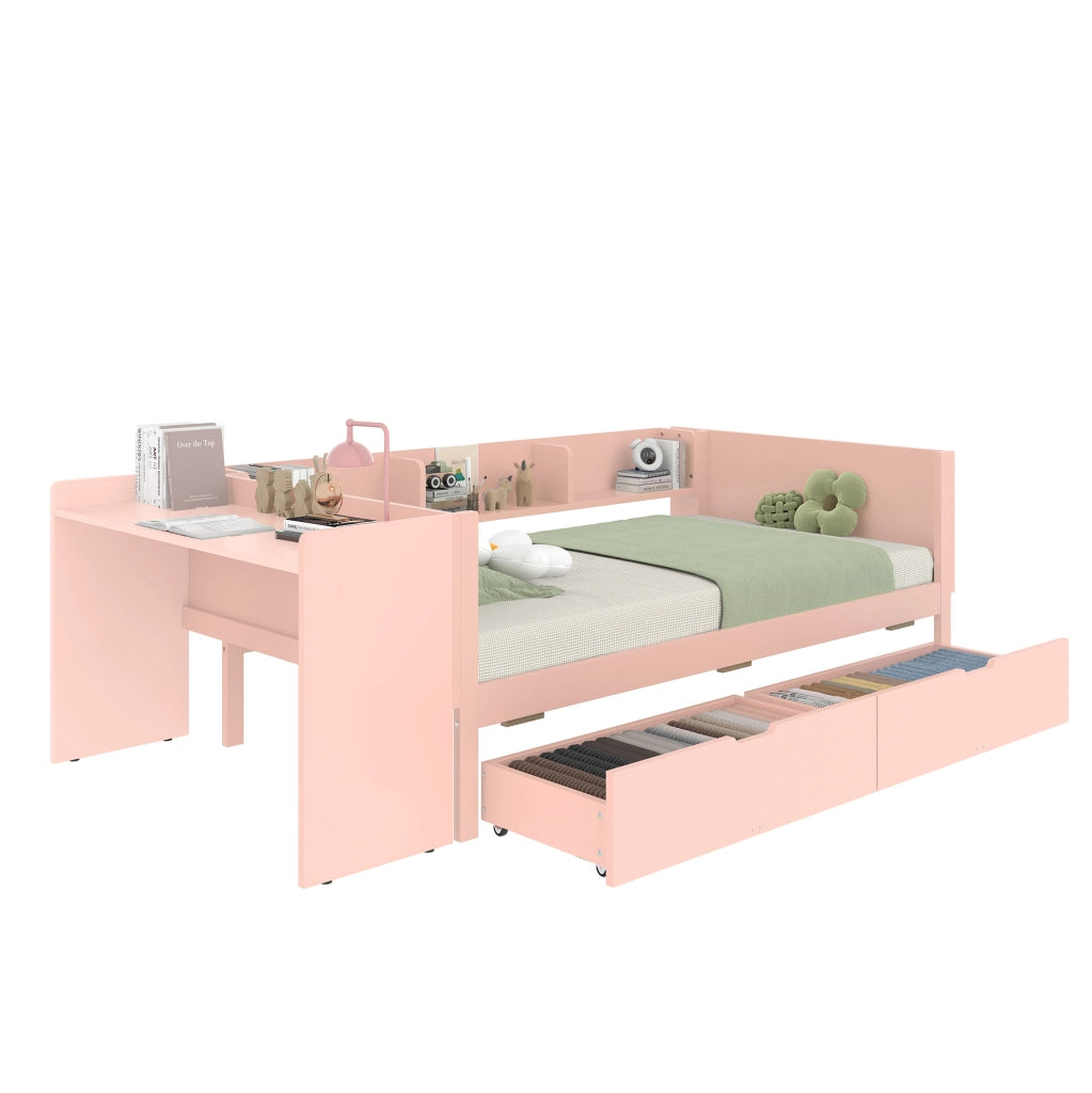 Letto singolo 90x200 cm con scrivania, 2 cassetti e 3 mensole rosa
