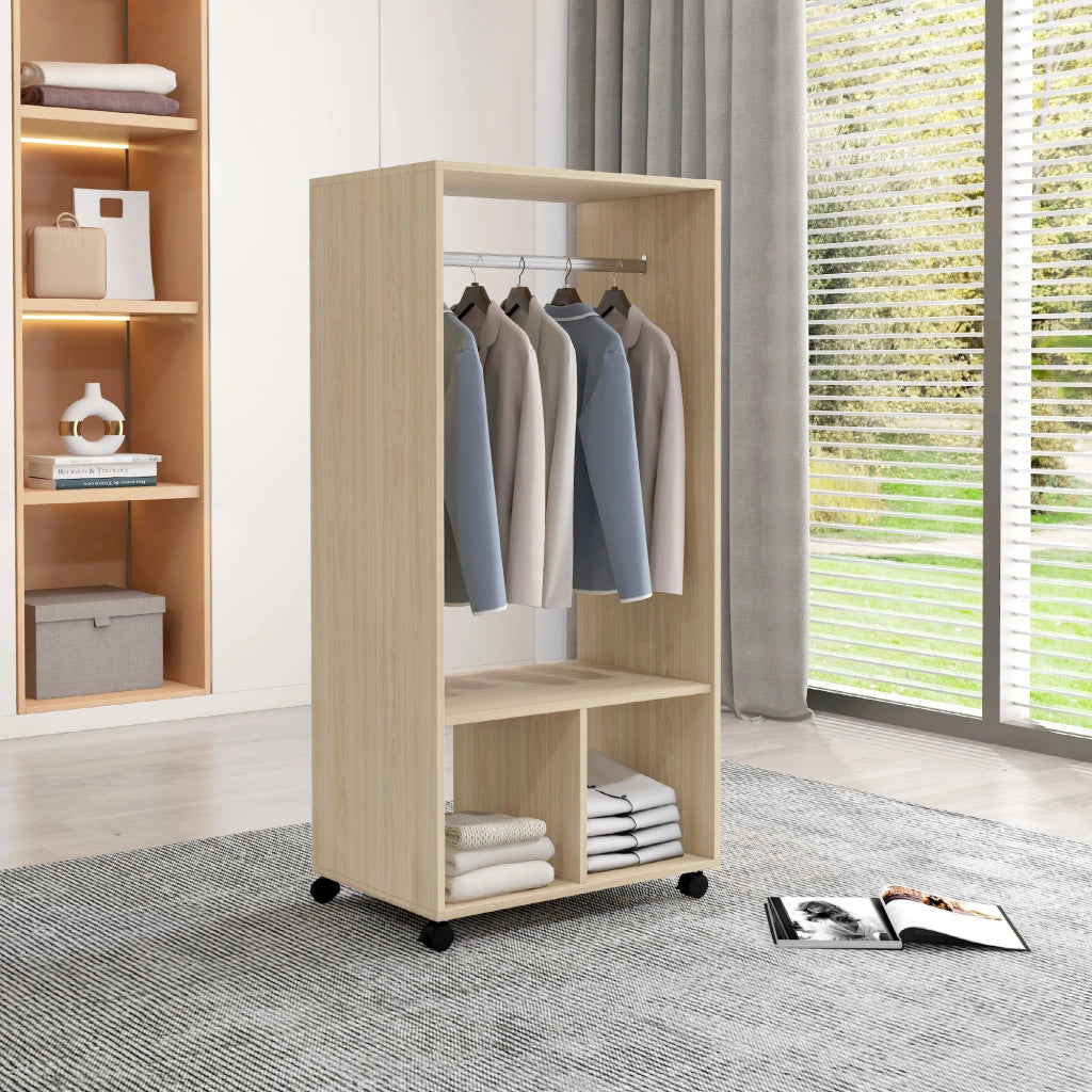 Armadio con ruote, barra appendiabiti e ripiani ¨C zephmum ¨C 60x40x128 cm, colore naturale