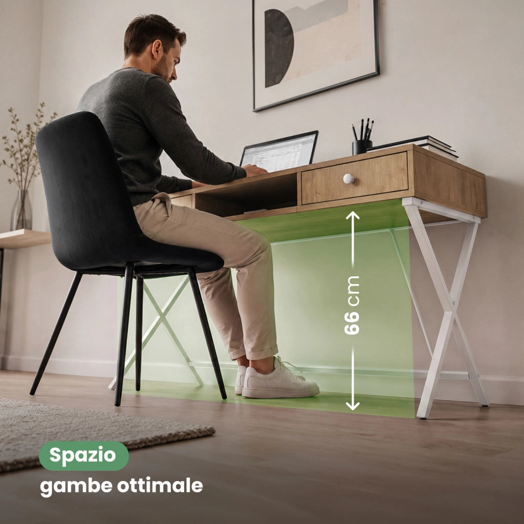 Scrivania PC industriale Rovere Artisan CROSSLINE 120 cm 2 cassetti 1 ripiano gambe bianche
