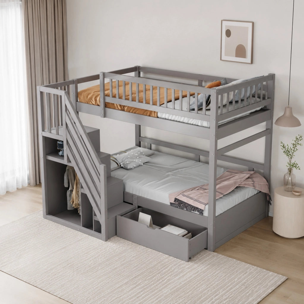 Letto a castello 90x200 cm con scale contenitore e cassetti; grigio